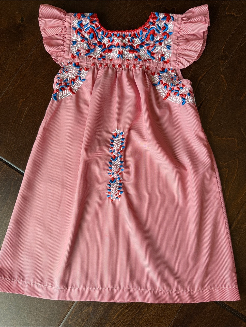 SIX HONEYBEES: Little Girls Red Embroidered Flutter-Sleeve Dress
